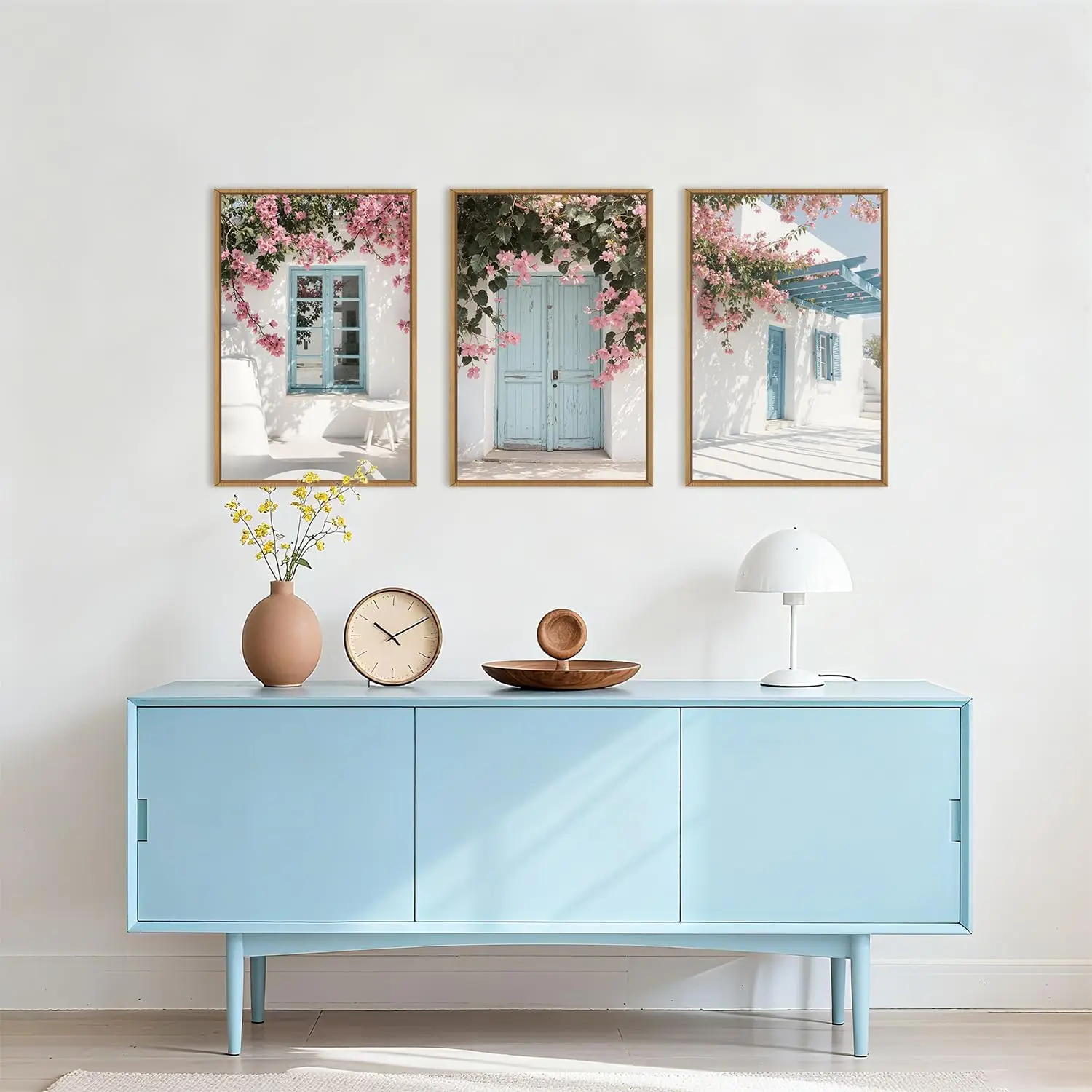 

3pcs Greek Island Street Canvas Wall Art Santorini Blue Door Blinds Wall Decoration Coastal Flower City Landscape Home Decoratio