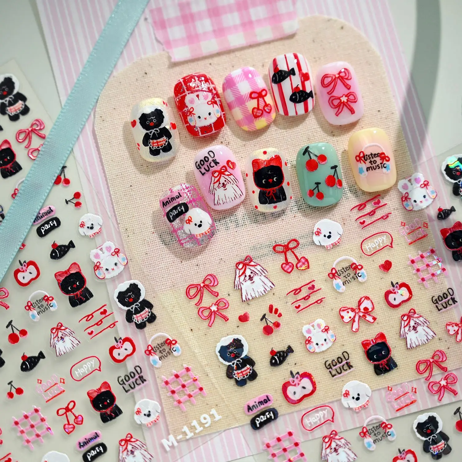 جميل لامعة أرنب الكلب القط Bowknot الكرز أبل الحب ثلاثية الأبعاد ذاتية اللصق مسمار الفن ملصقات لطيف الكرتون الكتابة على الجدران مانيكير الشارات