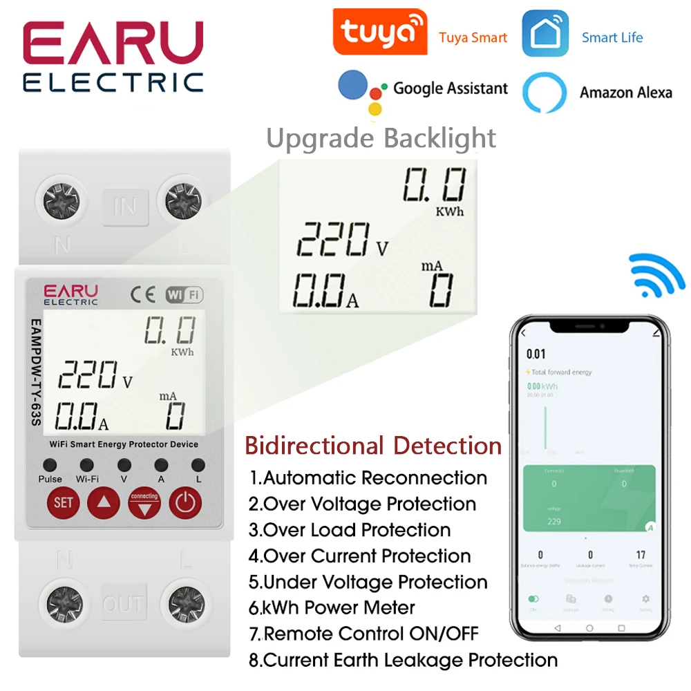 63A Tuya inteligentny wyłącznik automatyczny WiFi przełącznik kierunku BI pomiar wycieku ziemi zabezpieczenie przed zbyt niskim napięciem licznik