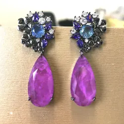 Bilincolor Cubic Zirconia Vintage Flower and Purple Waterdrop Earring for Women
