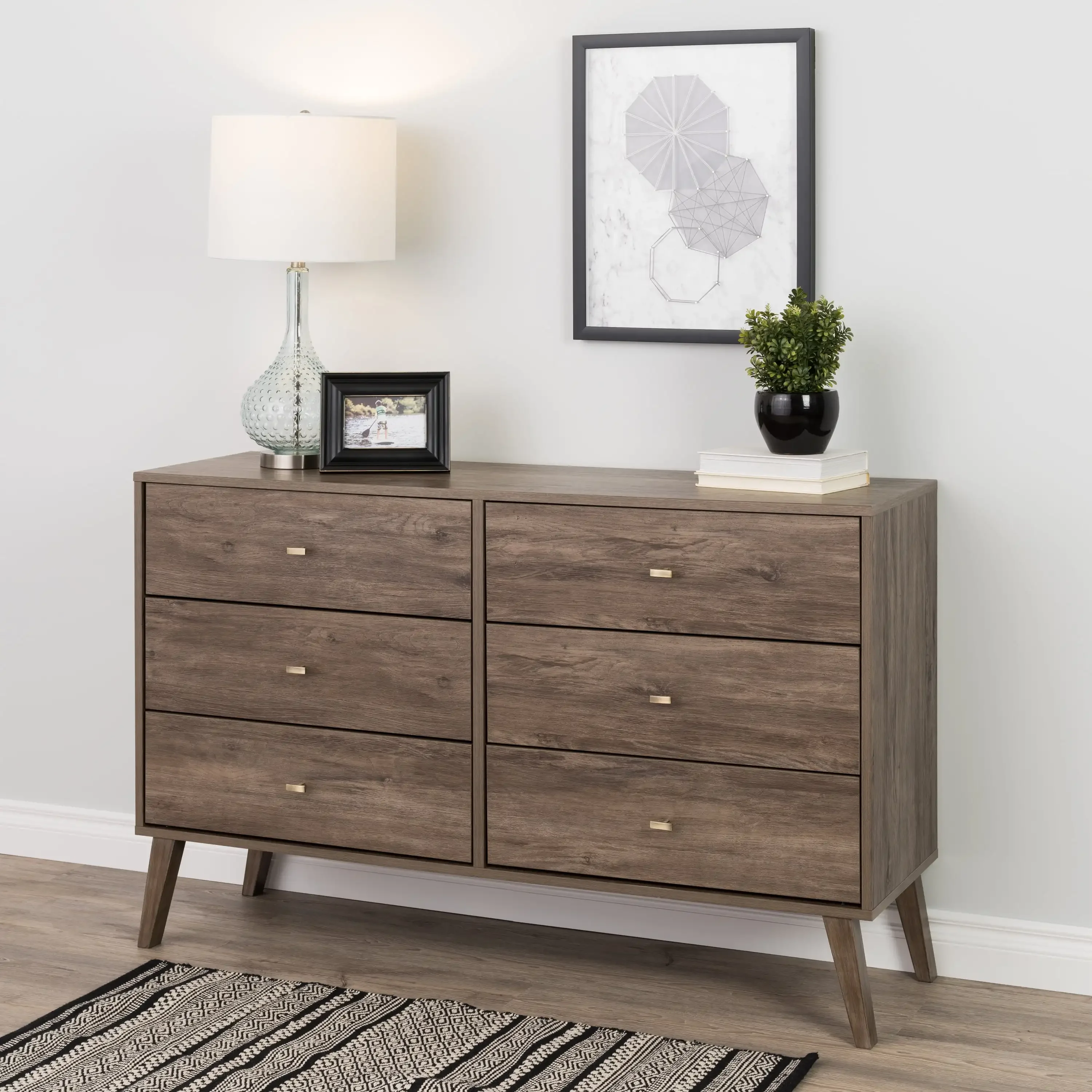 

Mid-Century 6 Drawer Wooden Dresser, 16" x 52.25" x 33", Drifted Gray/Cherry/Oak/Multicolor