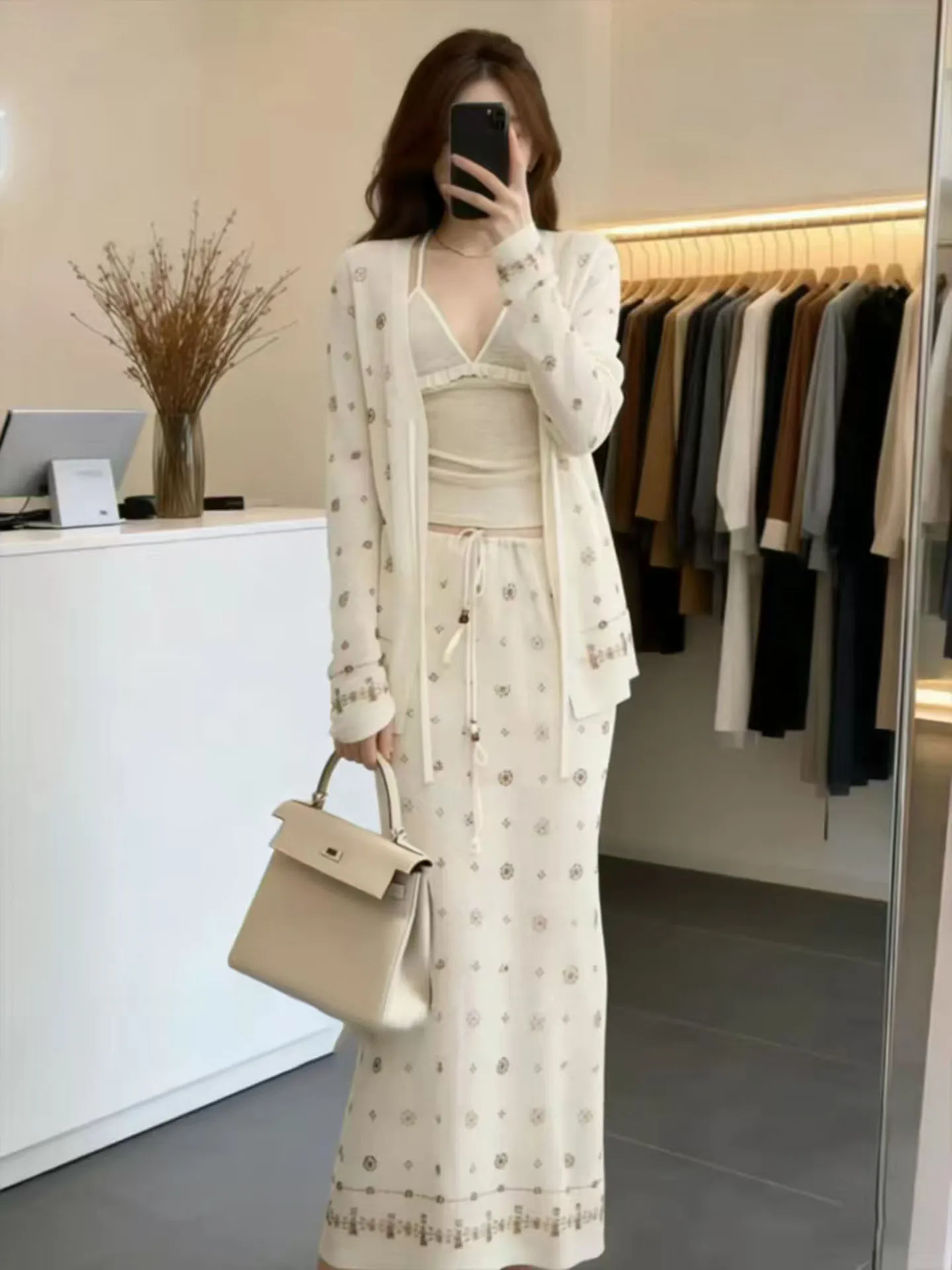 

Penida Vacation Style Semi-Transparent Knitted Cardigan And Tank Top Set Women Spring Summer Beaded Midi Skirt Three Piece Set