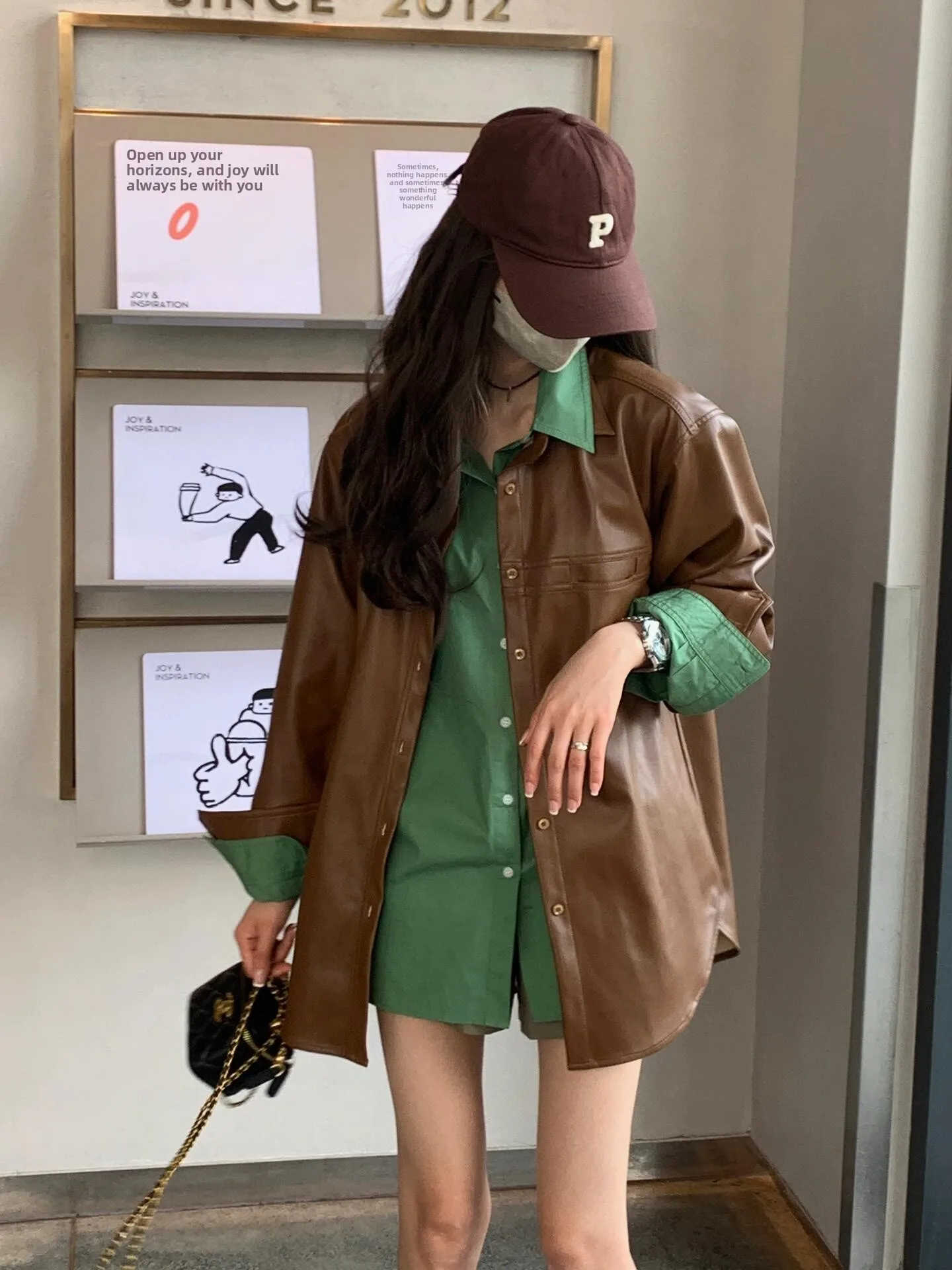 

Women's Vintage Green Collar Long Sleeve Shirt Set Brown Jacket Two Piece Set Spring Autumn Small Size Retro Style Fashion