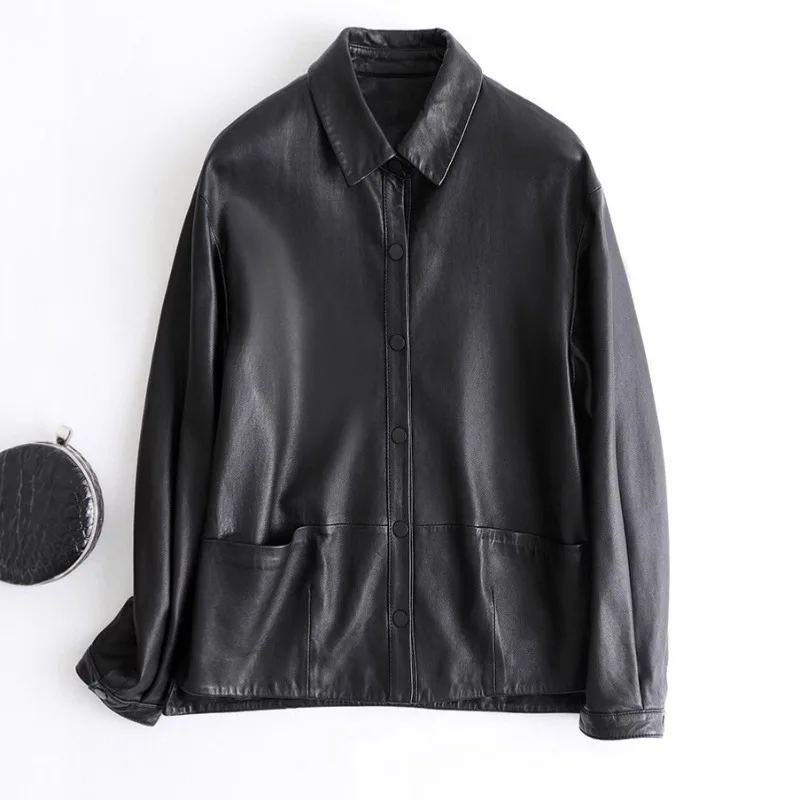 Women's Leather Jacket Autumn Classic Black Loose Casual Jackets Long Sleeves Lapels Single Breasted Spliced Short Women's Coat