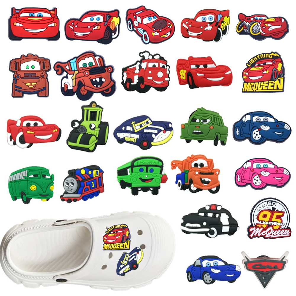 

1-100Pcs MINISO Cartoon Car Lightning McQueen PVC Shoes Accessories Fit with Hole wristbands DIY Detachable Waterproof Kids Gift