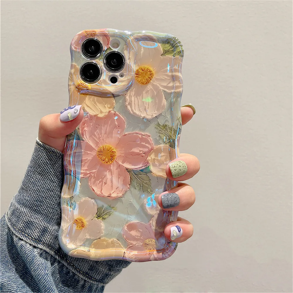 Ottwn Luxury Laser Oil Painting Flowers Phone Cases For iPhone 11 12 13 14 15 Pro Max Fashion Shockproof Soft Bumper Back Covers