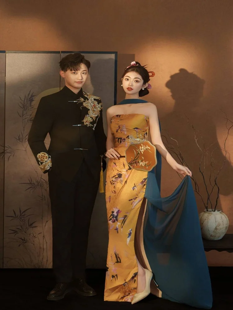 

Новый халат в китайском стиле для женщин: дизайнерское платье для помолвки, свадьбы, вечеринки, ретро-костюм с топом-бюстье