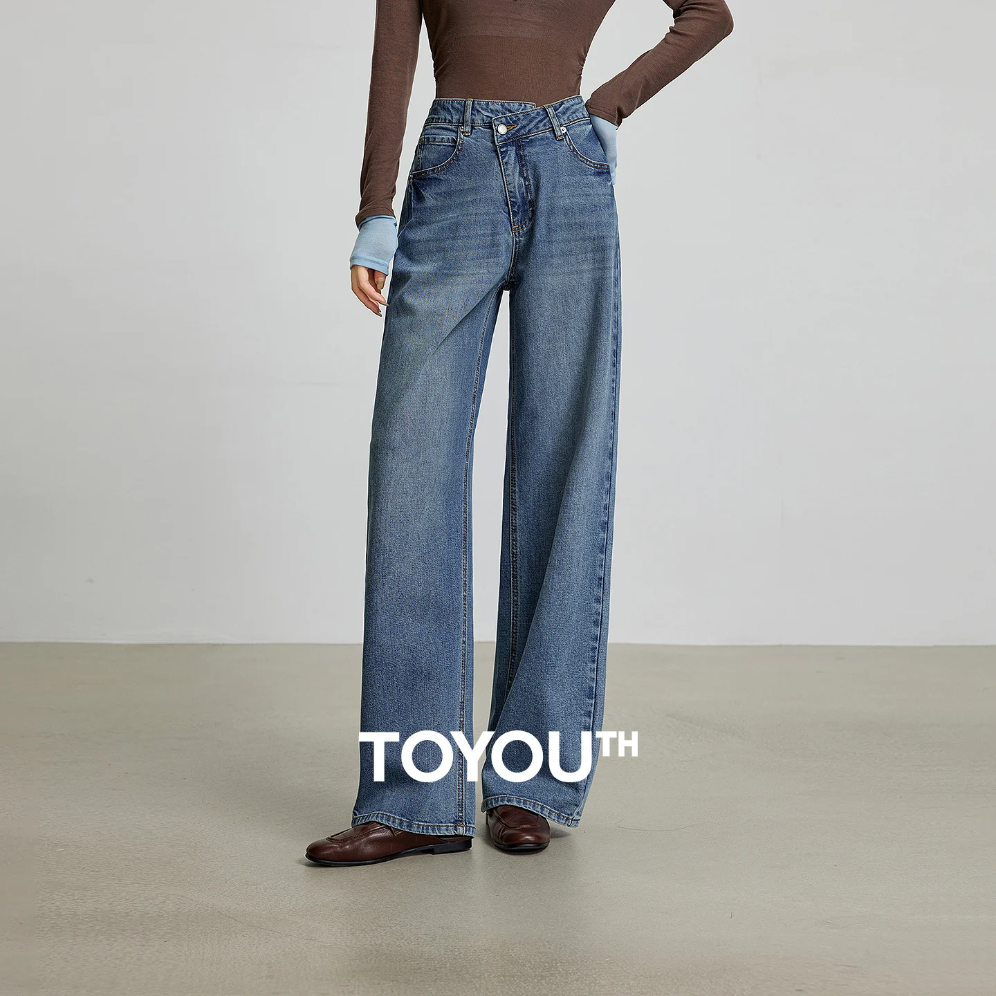 

TOYOUTH Women Denim Jeans 2025 Autumn New Retro Cotton Mid Waist Wide Leg Straight Long Pants
