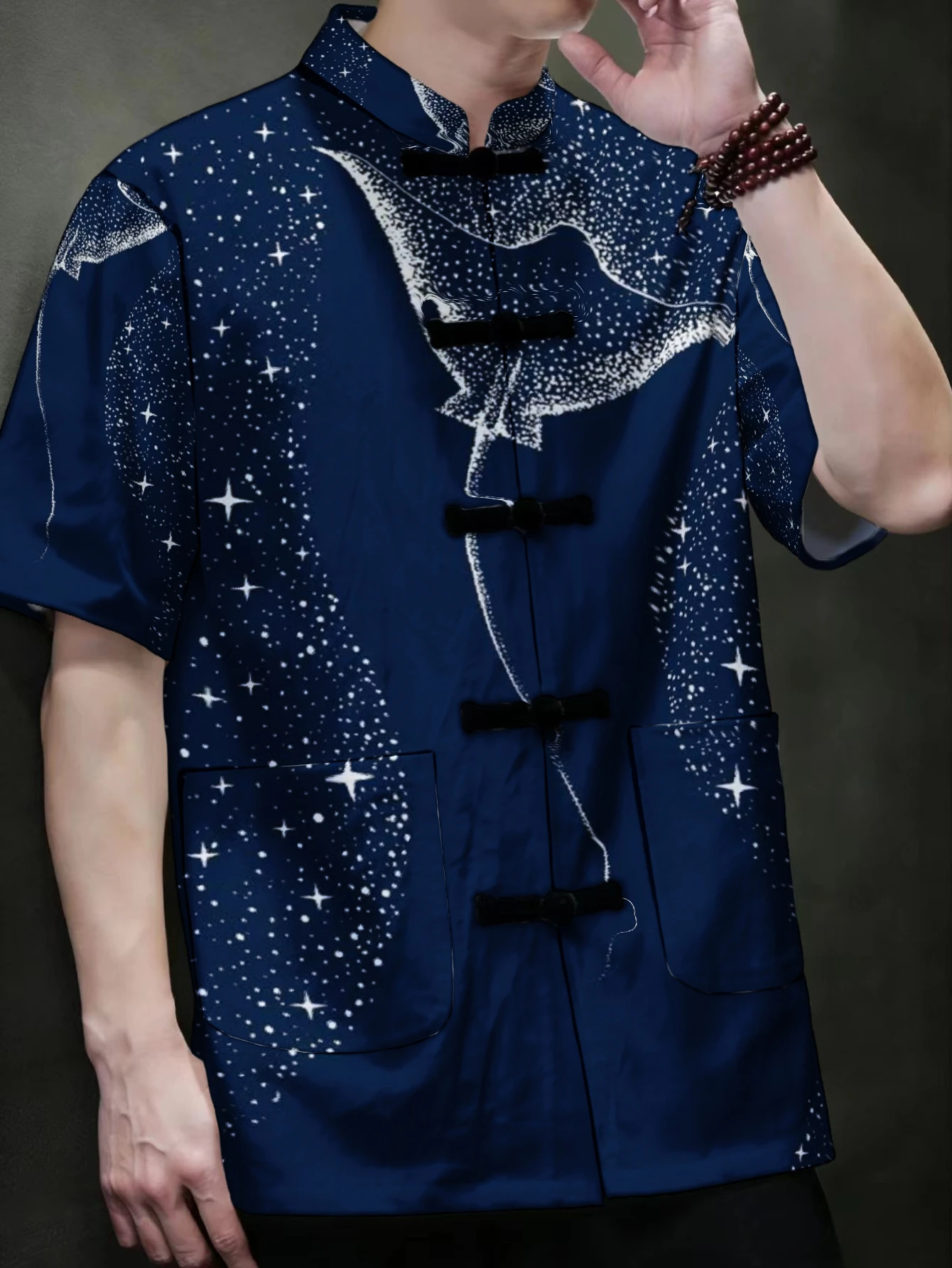 メンズ中国唐服半袖シャツ、伝統的なカエルボタン、スタンドカラ - Ethnic Wear Fashion Designer のレビューと価格