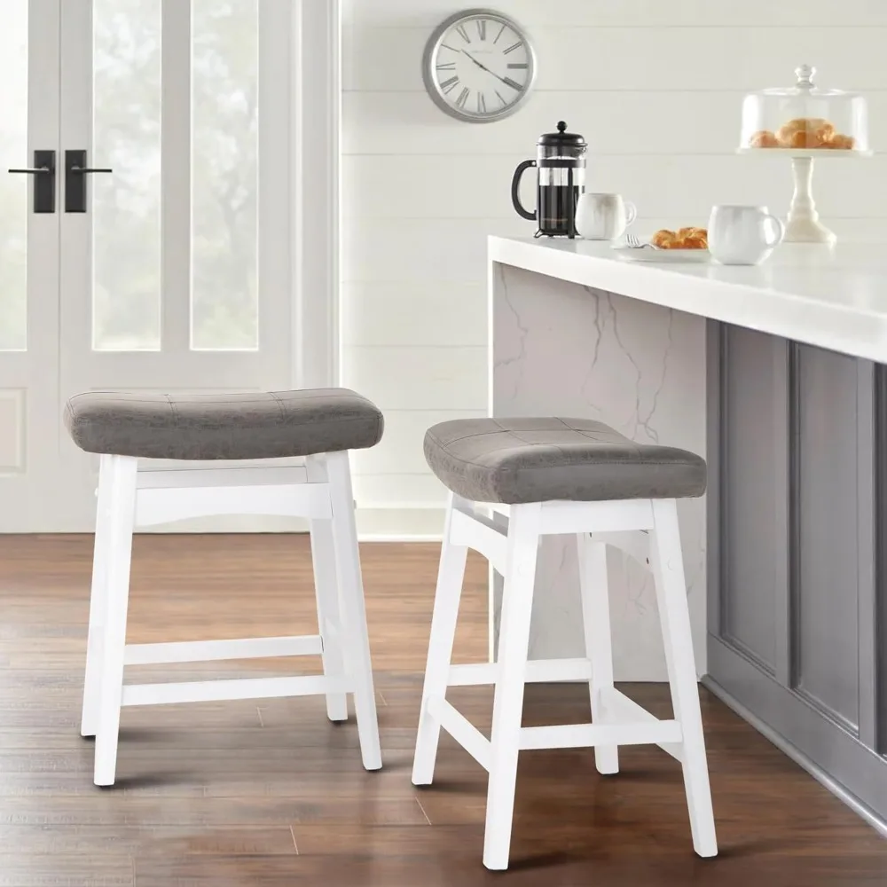 

White Grey Solid Wood Bar Stools Set of 2 for Kitchen Counter Height Farmhouse Barstools with Faux Leather Saddle Seat Upholster