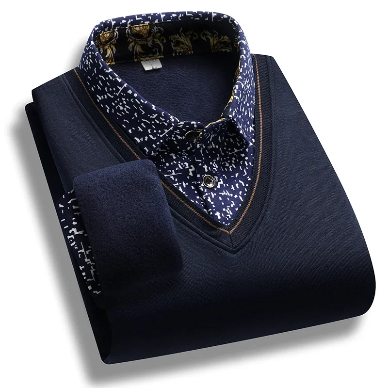 Mens Casual Fake Two Piece V Neck Knit Pullovers Contrast Speckle Dot Collar And Sleeves Skin Friendly Wrinkle Free Knit Shirts