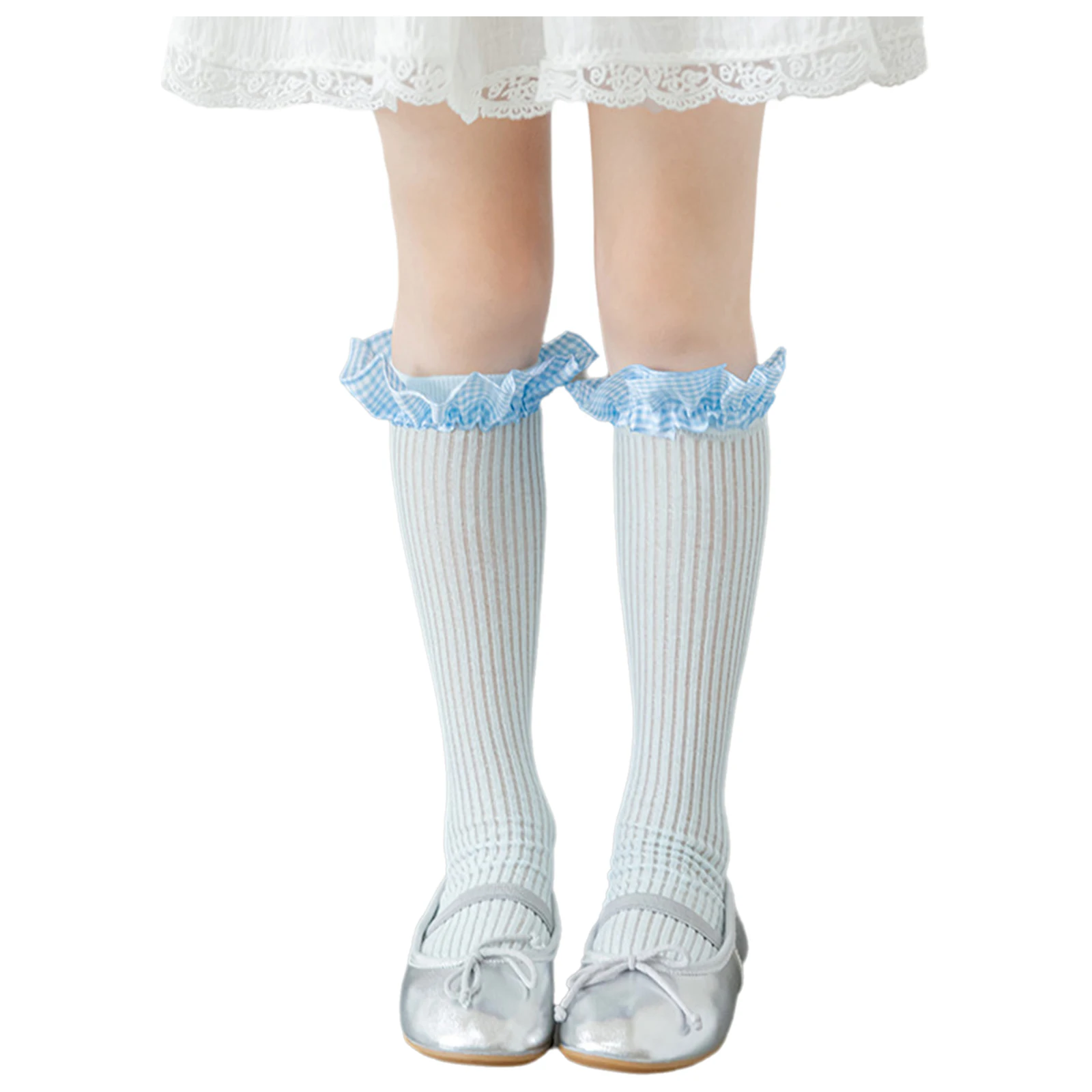 

2 Pairs Students Cute Long Socks Plaid Ruffled Ultra-thin Breathable Seamless Cotton Knee-high Calf Socks for Summer Daily Wear