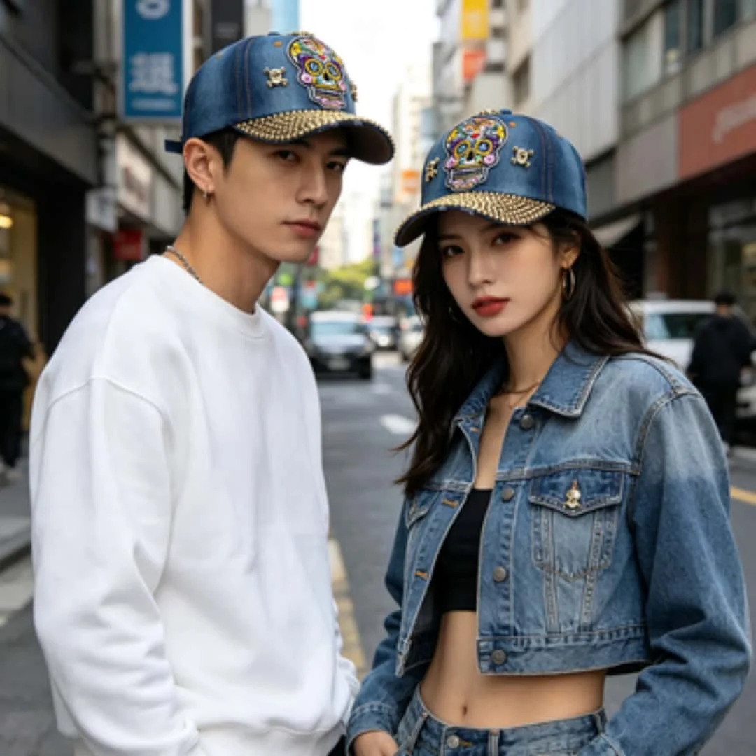 Gorra de Mezclilla con Calavera Gótica Bordada, Visera con Pedrería Brillante, Gorra Punk Hip Hop Y2K para Hombre y Mujer, Moda Urbana Ajustable