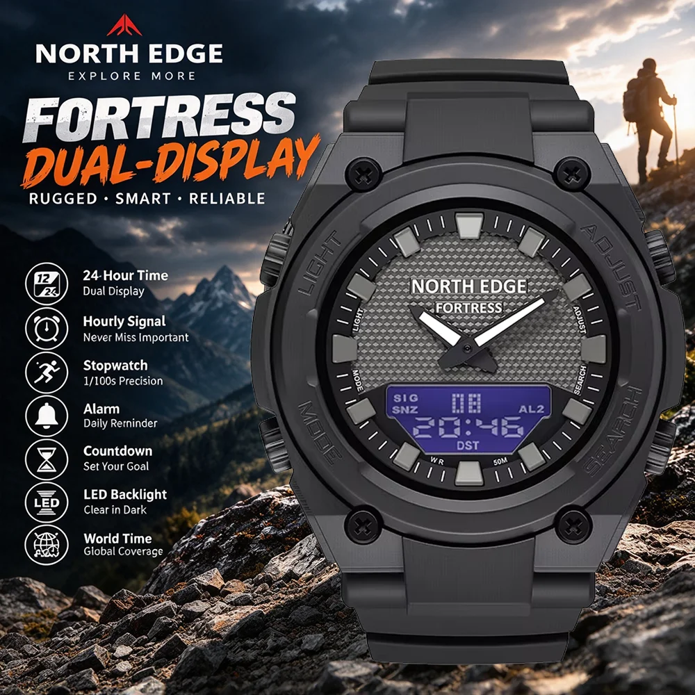 NORTH EDGE FORTRESS Men's Digital Sports Watch, Stopwatch World Time 50M Waterproof Wristwatch For Outdoor Hiking Camping