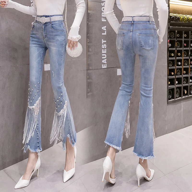 

Ladies Fashion Beading Tassels High Waisted Jeans Women Clothes Girls Casual Streetwear Denim Pants Female Lim-Fit Bell-bottoms