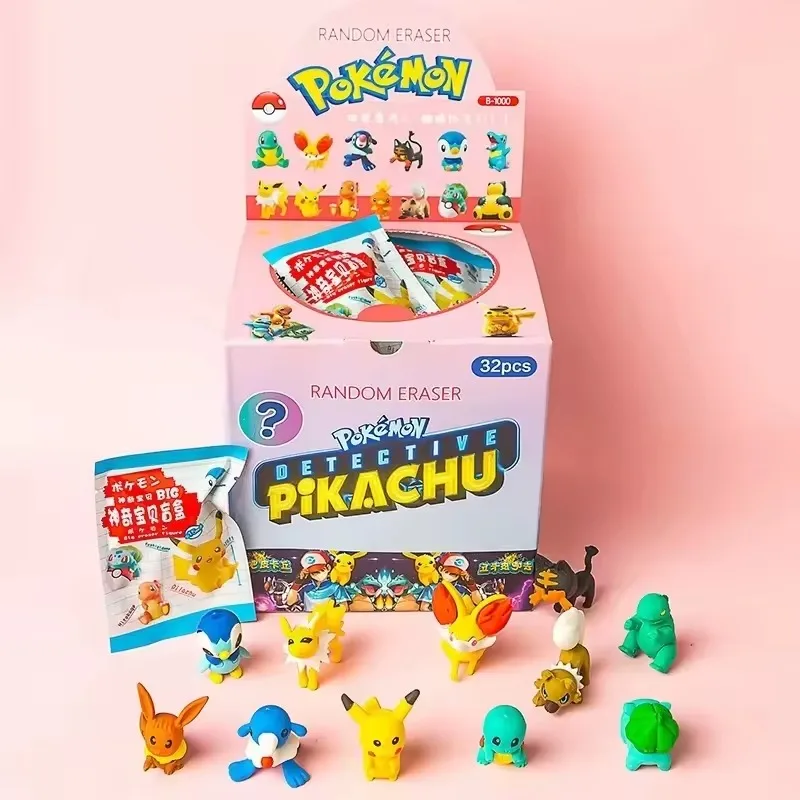 Image of 32 Stück lizenzierte Pokémon Pikachu Mystery-Radiergummis in Überraschungsbeuteln, niedliche Sammel-Radiergummis, Schüler-Schreibwaren, Kindergeburtstagsgeschenk