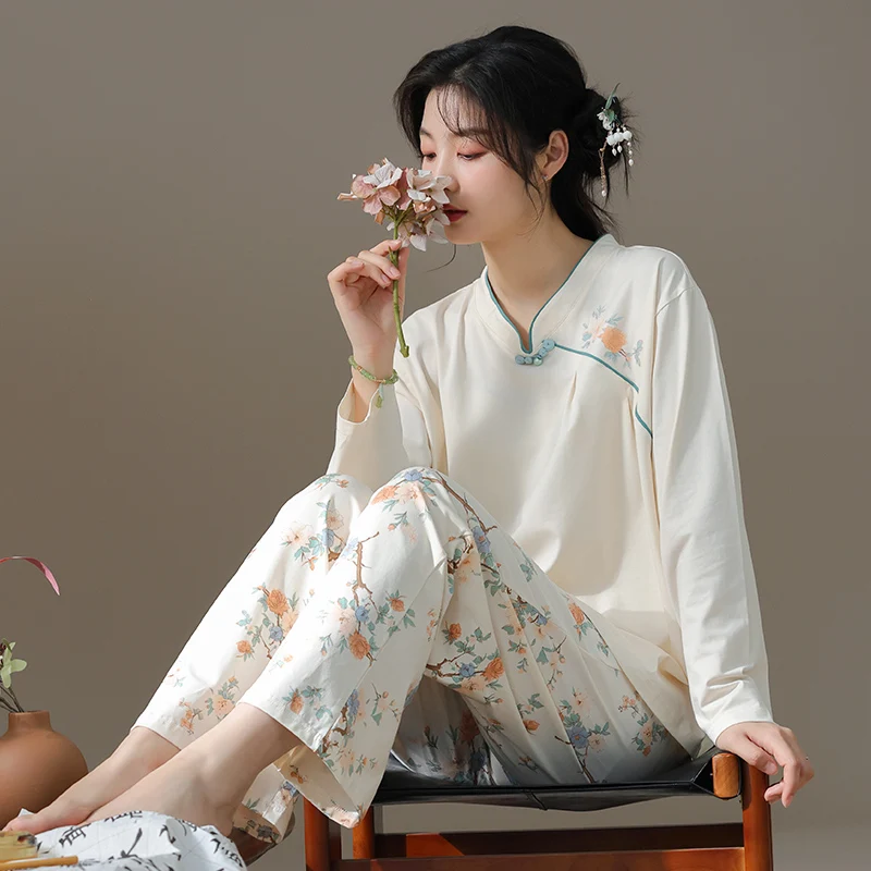 

Осенне-зимние хлопковые женские пижамы с длинными рукавами и круглым вырезом, пижамный комплект, повседневные мягкие милые женские пижамы, одежда для сна