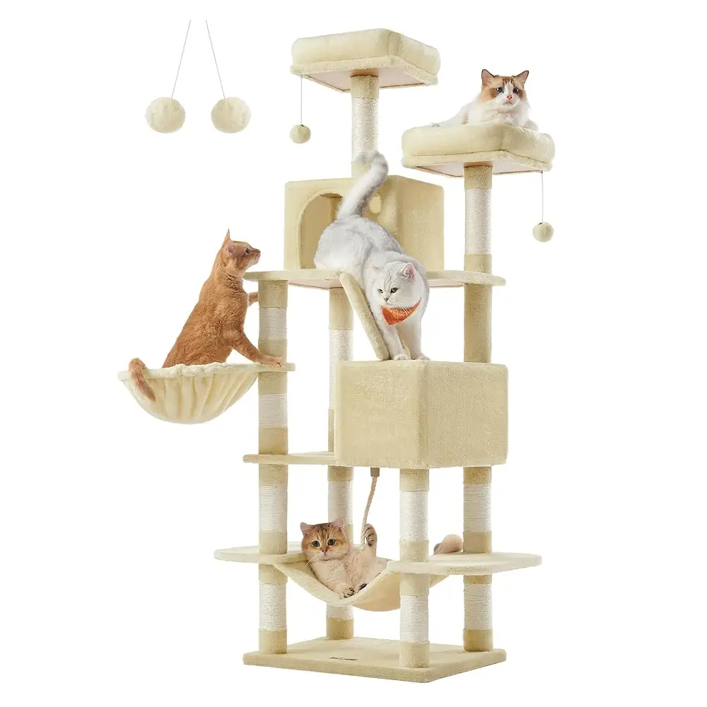 

Cat Tree, 66.1-Inch Large Cat Tower With 13 Scratching Posts, 2 Perches, 2 Caves, Basket, Hammock, Pompoms, Multi-Level Plush