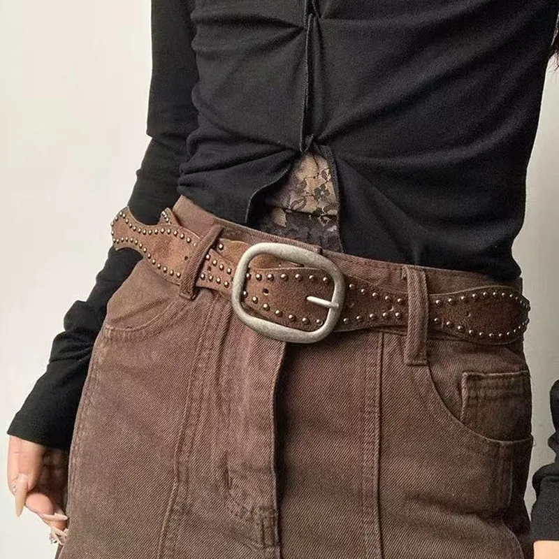Y2K Retro Niche Matte Suede Leather Belt with Double Rivet Wave Design Waist Cincher Accessory Strap for Fashion-conscious