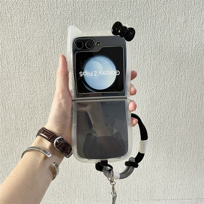 Korean Cute 3D Cat Phone Case For Samsung Galaxy Z Flip 6 5 4 Z Flip5 Flip6 Flip4 5G Cover with Hand Strap Pendant Silicone Capa