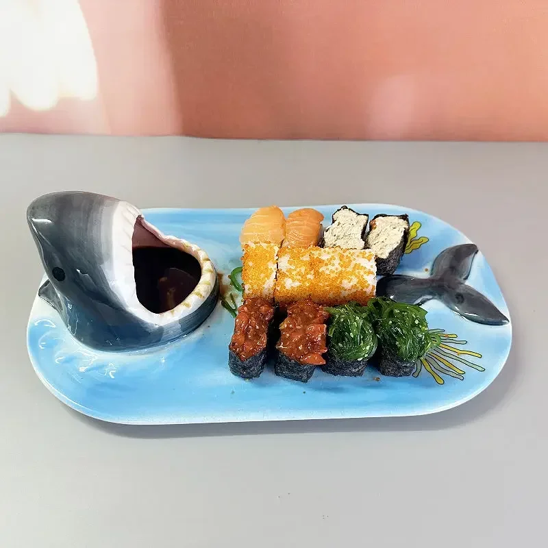 Tableware artifact creative funny shark plate Japanese style Japanese sushi rectangular ceramic plate with dipping sauce