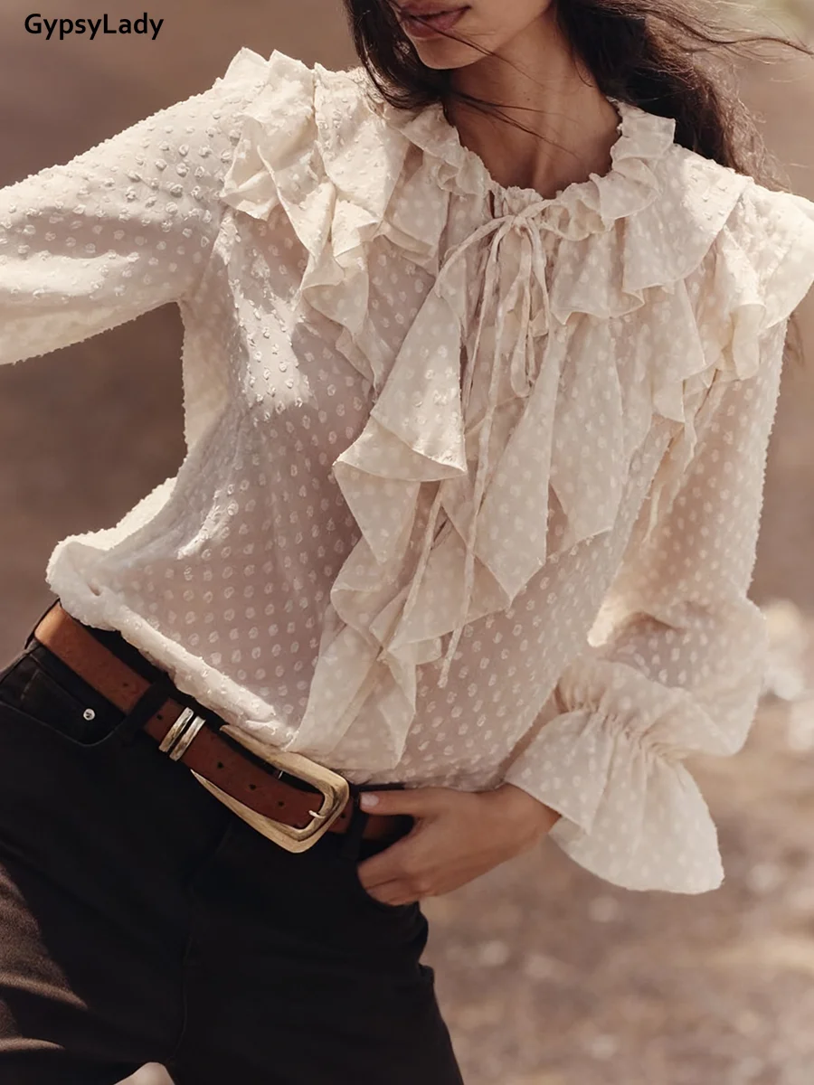 

Элегантная сетчатая блузка во французском стиле, бежевая женская рубашка с оборками, шикарные тонкие прозрачные сексуальные повседневные весенне-осенние женские топы, рубашки