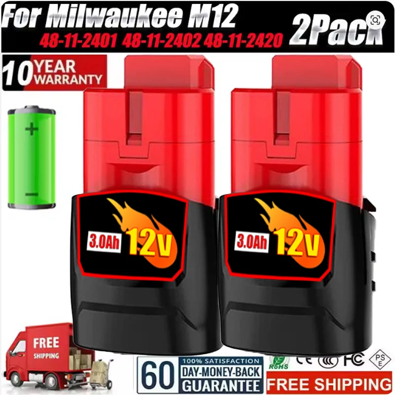 

FOR Milwaukee M12 Battery 12.0Ah 12V Rechargeable Battery For Milwaukee M12 Tool 48-11-2402 48-11-2411 48-11-2401MIL-12A-LI