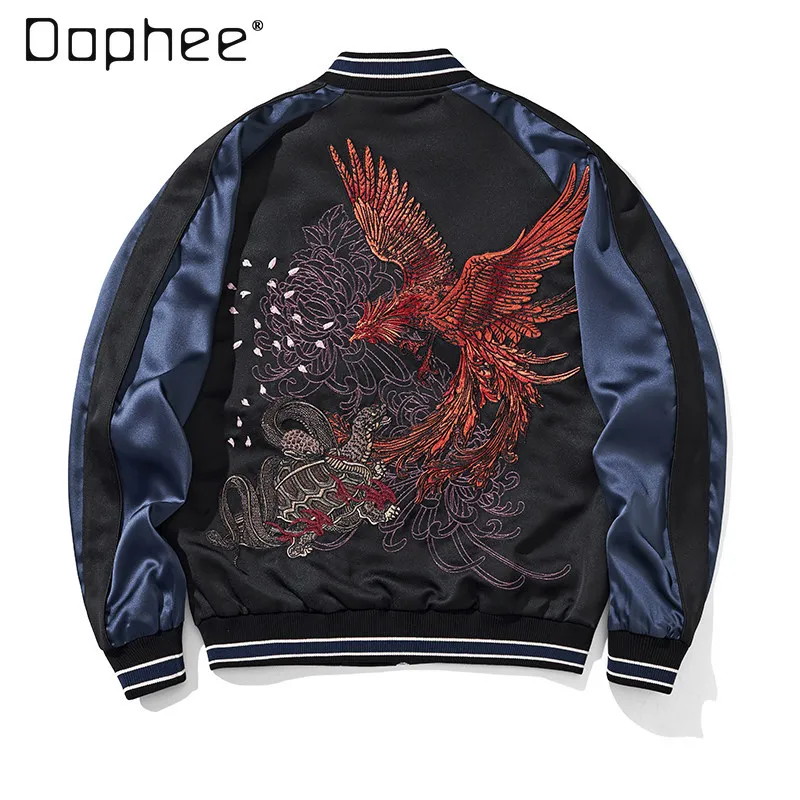 

Japanese Sukajan Black Tortoise Embroidered Satin Bomber Jacket Men Chrysanthemum Wave Varsity Jacket Streetwear Jacket