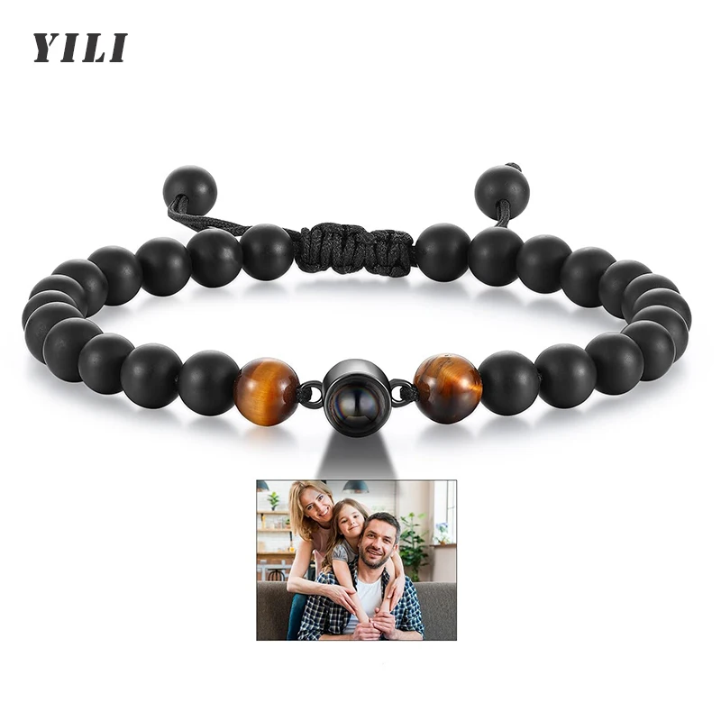 Schwarze matte Tigerauge-Perlen-Armbänder, personalisiertes Fotoprojektionsarmband, individuelle Armbänder mit Bild, personalisierte Geschenke