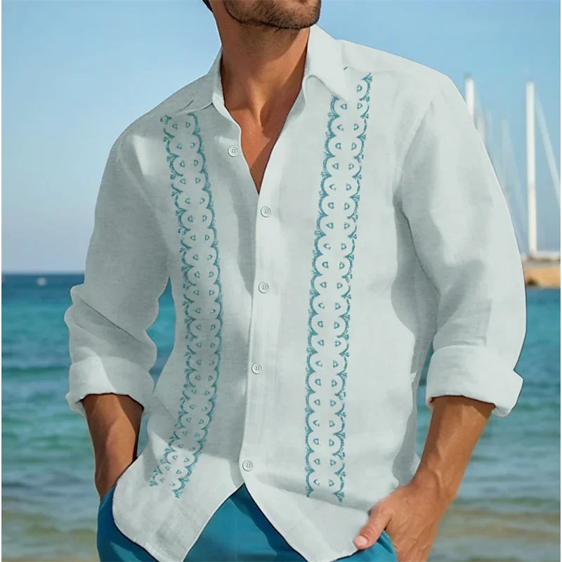 Camicie di lino da uomo camicie Casual a maniche lunghe con risvolto a righe abiti da festa hawaiani abbigliamento top comodi