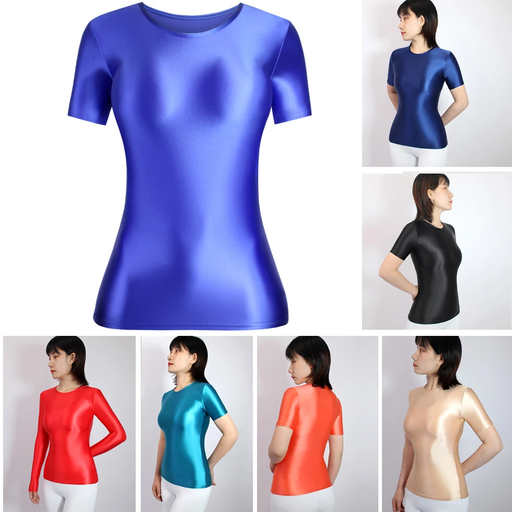 Women's Glossy Silky Short Sleeve High Neck Sportswear Satin Yoga Swimwear Solid Base Shirts Smooth Tight Casual Activewear Tops