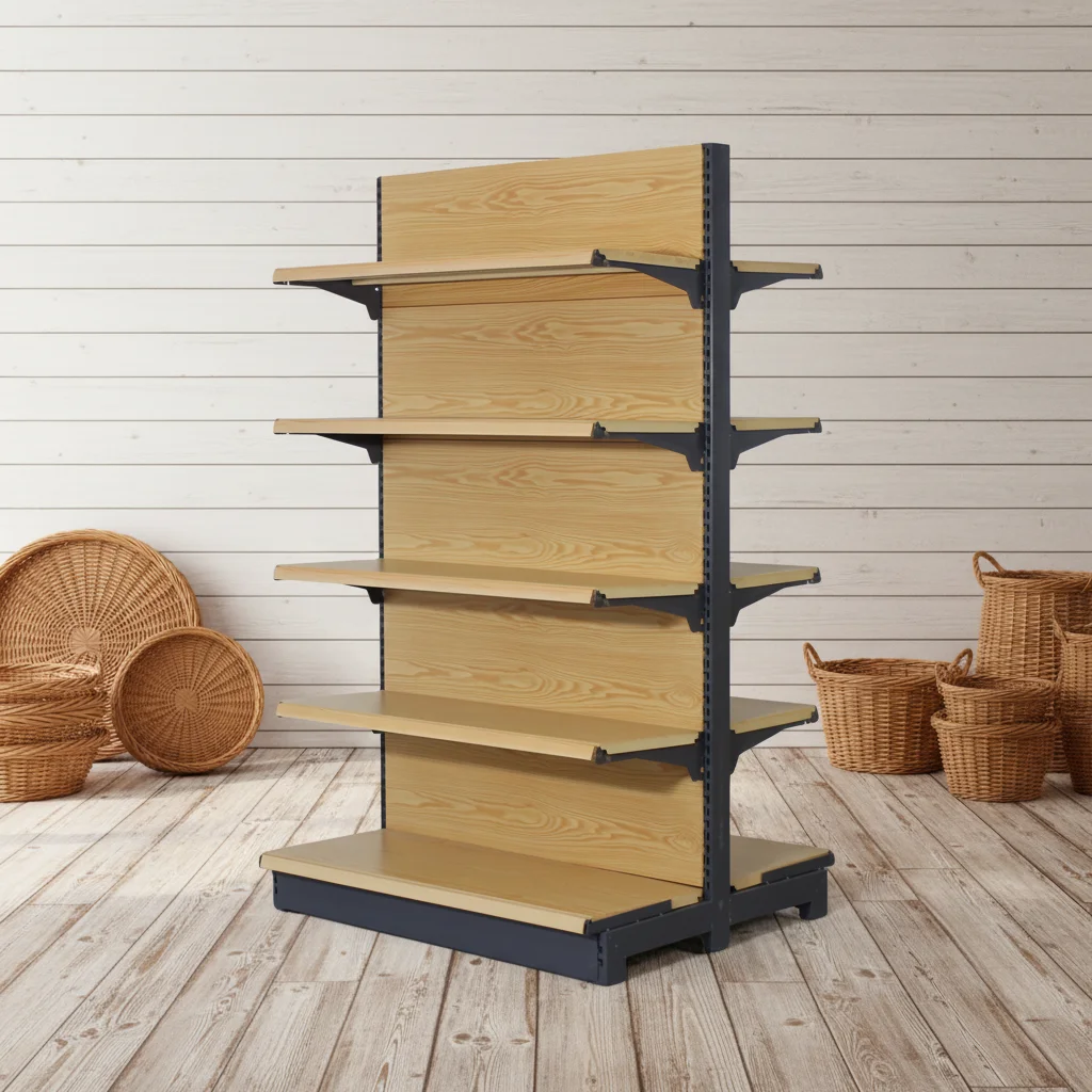 Wood Grain Style Heavy Duty Grocery Display Shelf High Quality Solid Wood Quick Installation