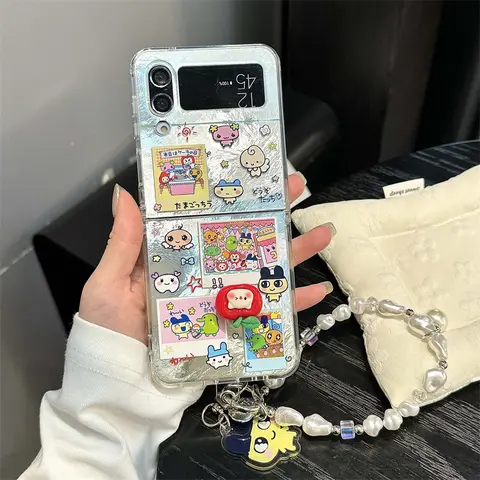 Funda de teléfono Kawaii con dibujos de animales para Samsung Galaxy Z Flip 7, 6, 5, 4, 3, funda con cadena, bonitas fundas de silicona Flip5 Flip6 Flip7 Capa