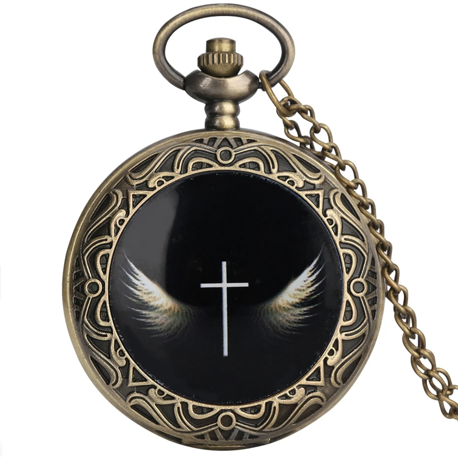 Normal Standard Size Cross Wings Pattern Quartz Pocket Watch Necklace Pendant Chain Clock for Men Women