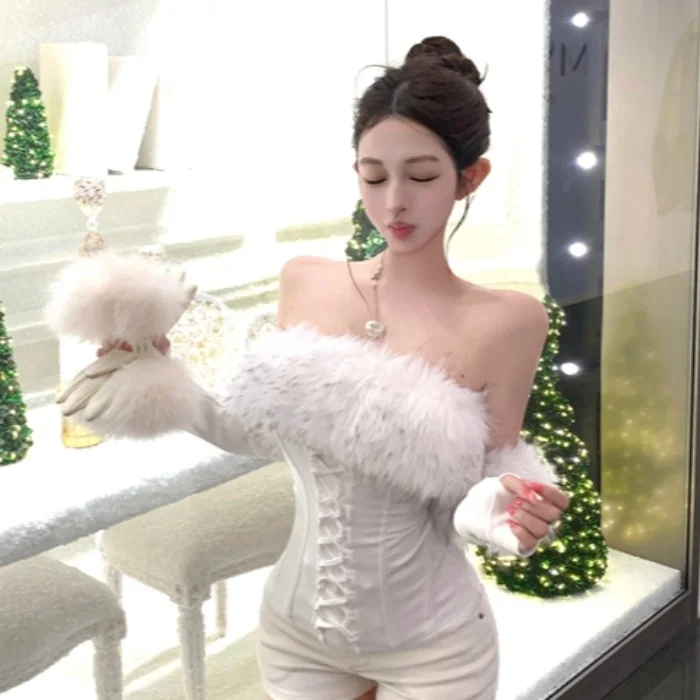 Trendy Rich Girl Style Furry Fishbone Strapless Bra White Pure Desire Fur Wrap Chest High Sensation Binding Bandage Top