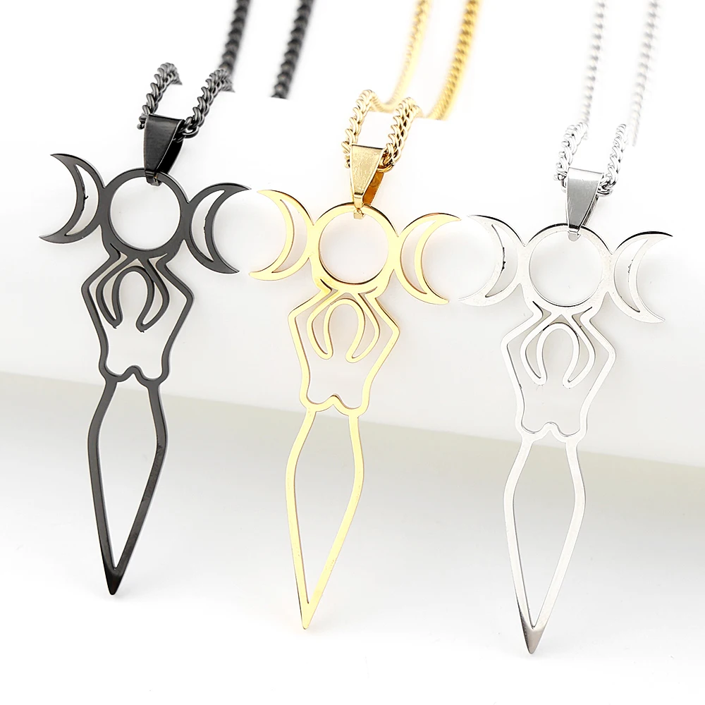 Triple Moon Goddess Statement-Halskette aus Edelstahl für Damen, silberfarben, Hexerei-Halskette, Schmuck, Cadenas para hombre N434