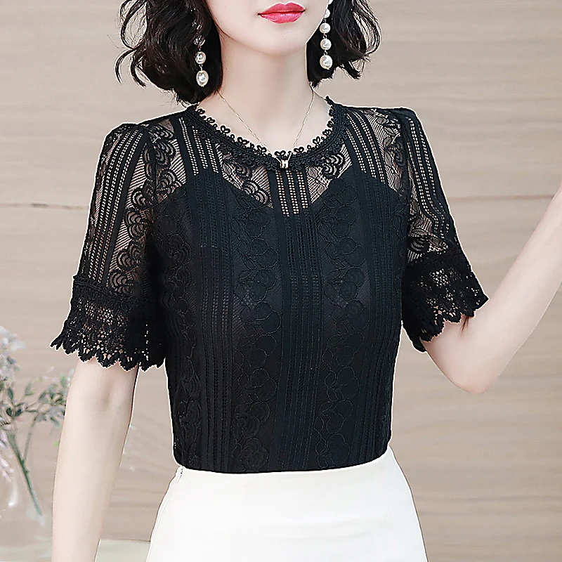 Women Blouse O Neck Summer 2021 New Lace Loose Fashion Hollow Short Sleeve Chiffon Embroidery Mesh ladies tops NS5029