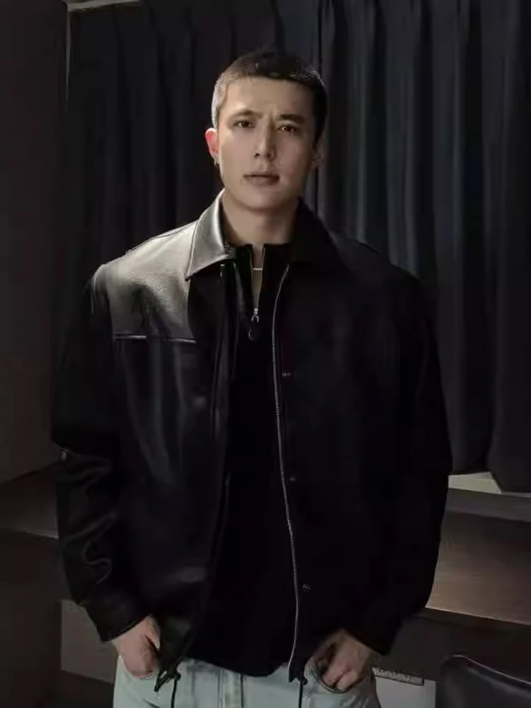 

American Retro Brown Leather Jaet Men's Sle Autumn Cleanfit High Sensation Cool Motorcycle Clothes Turn-down Collar Jaet