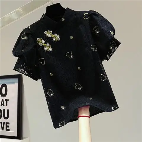 Neploe Vintage Disc Buckle Stand Neck Puff Sleeve Blusas 2024 Summer Korean Style Beaded Diamonds Sequin Solid Color Lace Shirts