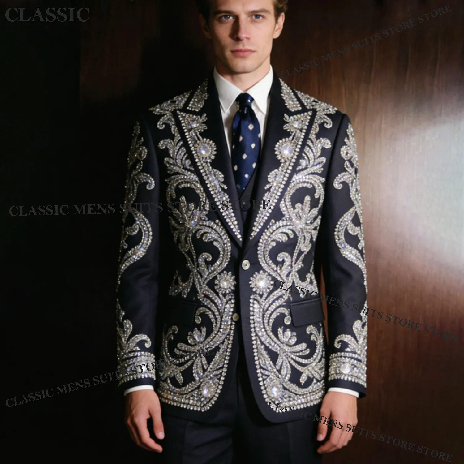 

Customized Intricate Sequin Men Suits 3 Pieces Set Male Party Blazer Glitter Groom Wedding Tuxedos Slim Crystal Costume Homme