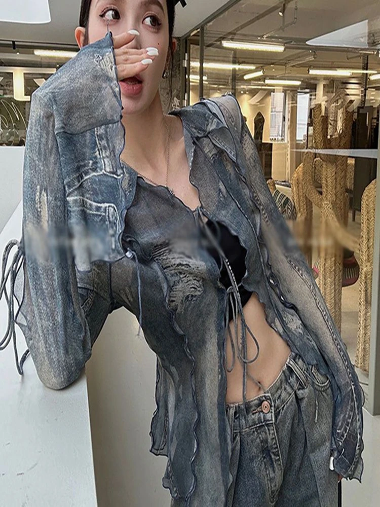 

Imitation Denim Lace Up Printed Shirt Women's Summer Hollow Out Shirt Female Sexy Casual Thin Tops