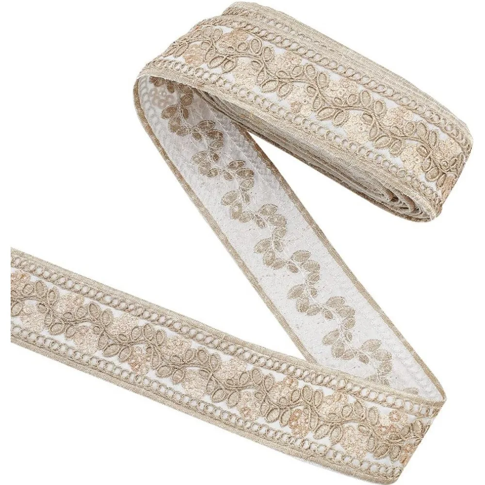 5 Yards Vintage Jacquard Ribbon Trim 40mm White Gold Floral Leaves Pattern Embroidered Woven Trim Ethnic Style Polyester Ribbons