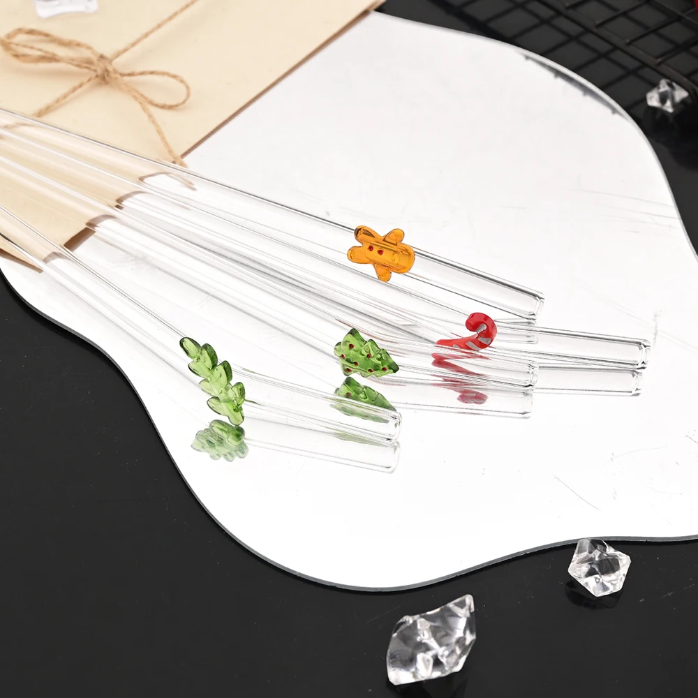 عيد الميلاد قابلة لإعادة الاستخدام عالية البورسليكات الزجاج شفاطات للشرب عازمة القش مجموعة مع فرشاة الحليب هزة القهوة كوكتيل القش بار