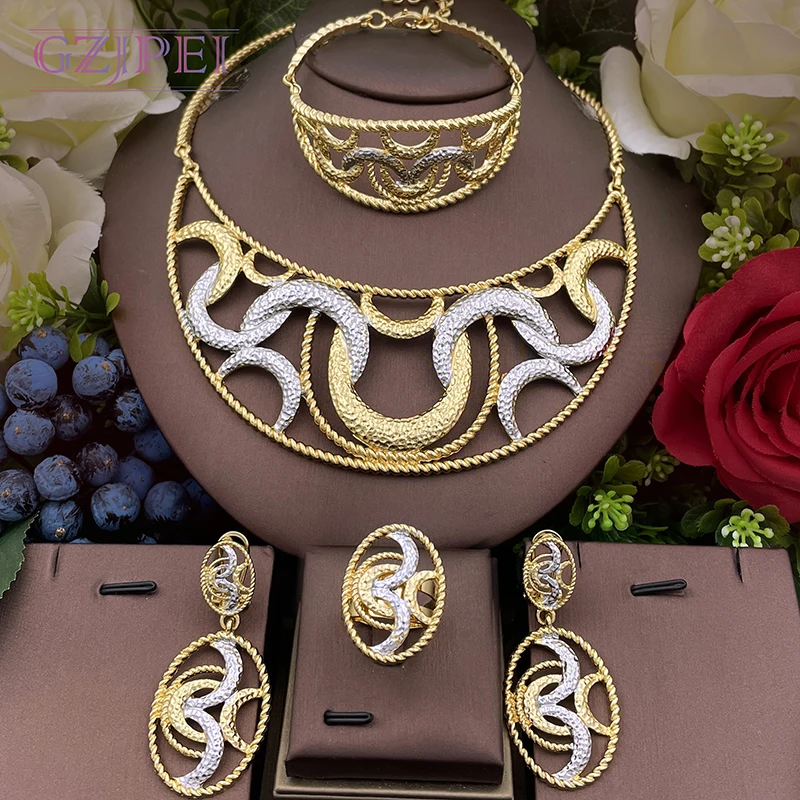 

Dubai 18K Gold Plated Jewelry Sets For Women Two Tone Color Necklace Earrings Ring Bracelet For Wedding Party Gifts