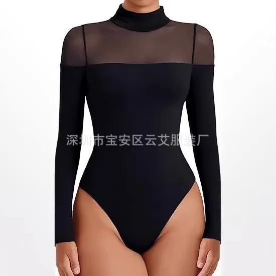 

Весенние женские комбинезоны из прозрачной сетки с высоким воротником, облегающие, с длинными рукавами, из полиэстера, с высокой талией, капри-комбинезон для женщин