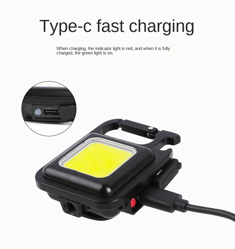 Portátil Mini LED Keychain Light, USB recarregável, Luz de trabalho de bolso com saca-rolhas, acampamento ao ar livre, pesca, escalada