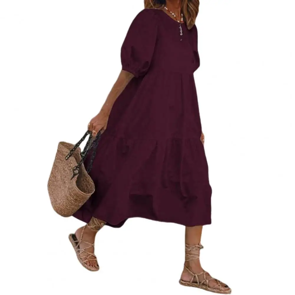 

Lady Long Dress Bohemian Style A-line Midi Dress with Elastic Cuff Patchwork Detail for Women for Wear Vacation Outfits Solid