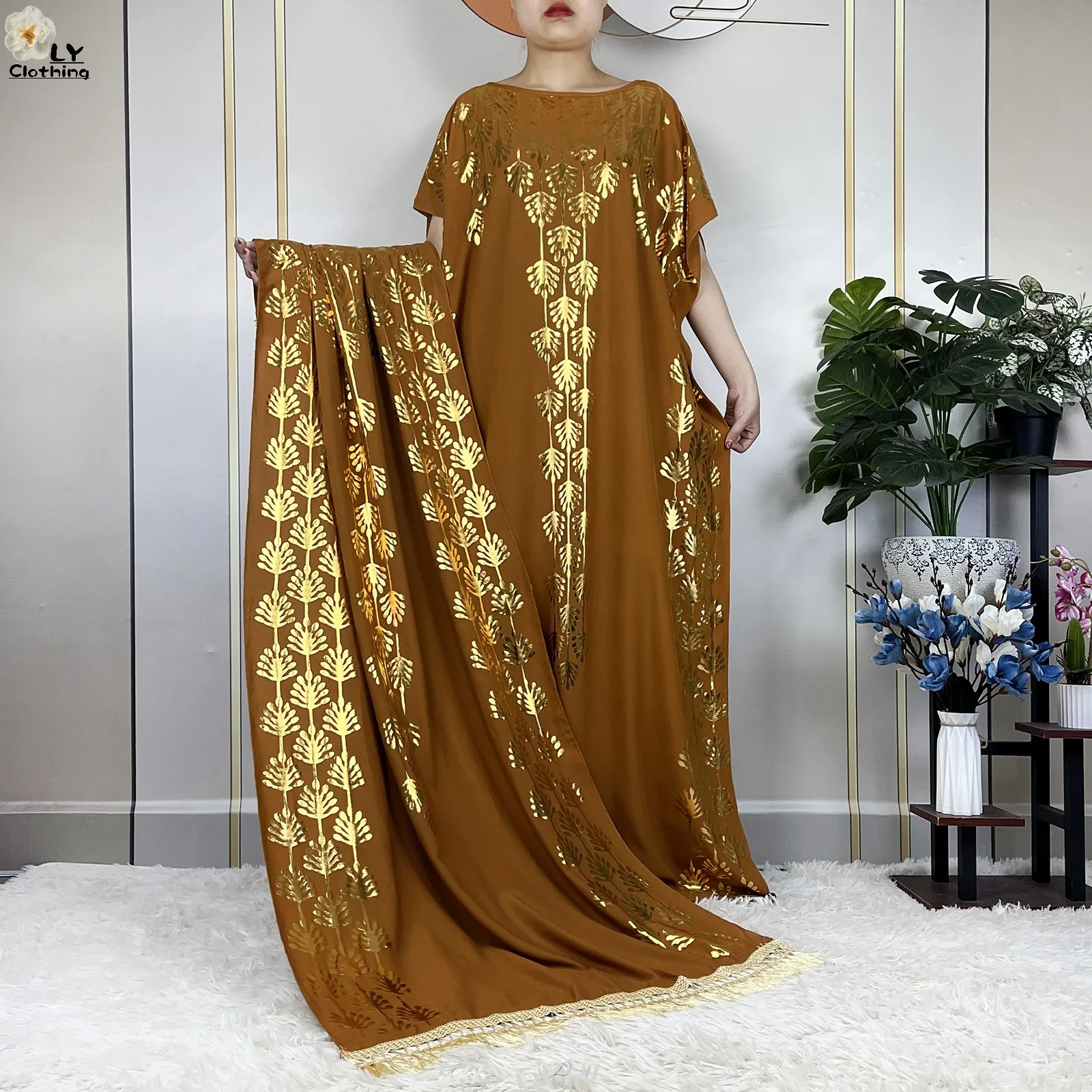 2023 New Summer Loose Short Sleeve Cotton Robe Gold Stamping  Boubou Maxi Islam Femme Dress With Big Scarf African Abaya Clothes