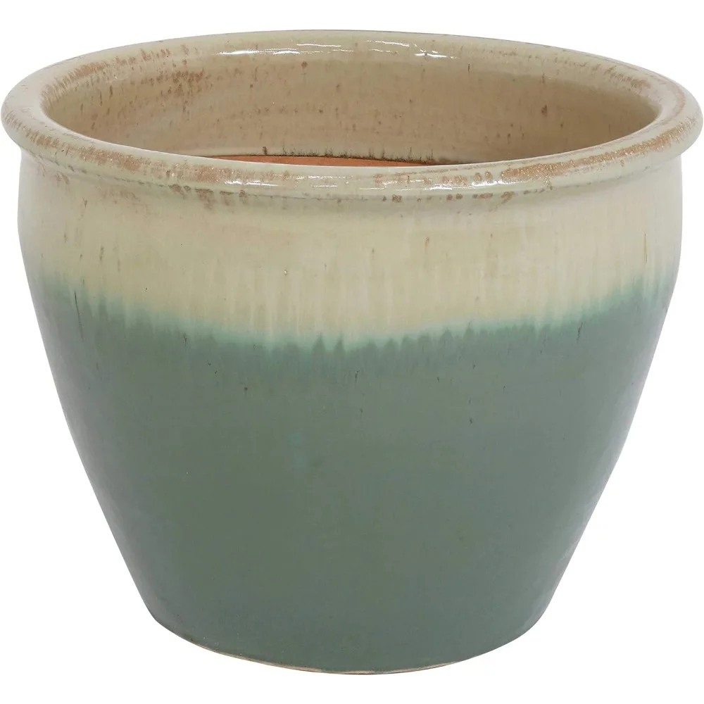 Chalet 15-Inch Outdoor Ceramic Planter - UV- and Frost-Resistant - Seafoam Glaze Finish