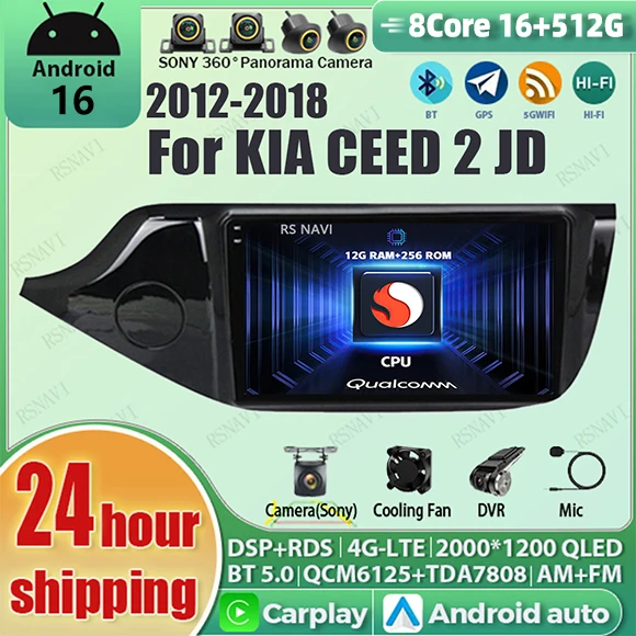Android 16 Carplay Autoradio für KIA Ceed CEED JD 2012 2013 - 2018 Navigations-Multimedia-Player Stereo 5G WiFi+4G SIM BT Video